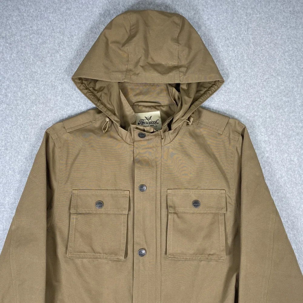 Thorogood Field Jacket Mens MD Tan Hooded Utility Multi-Pocket Workwear Coat